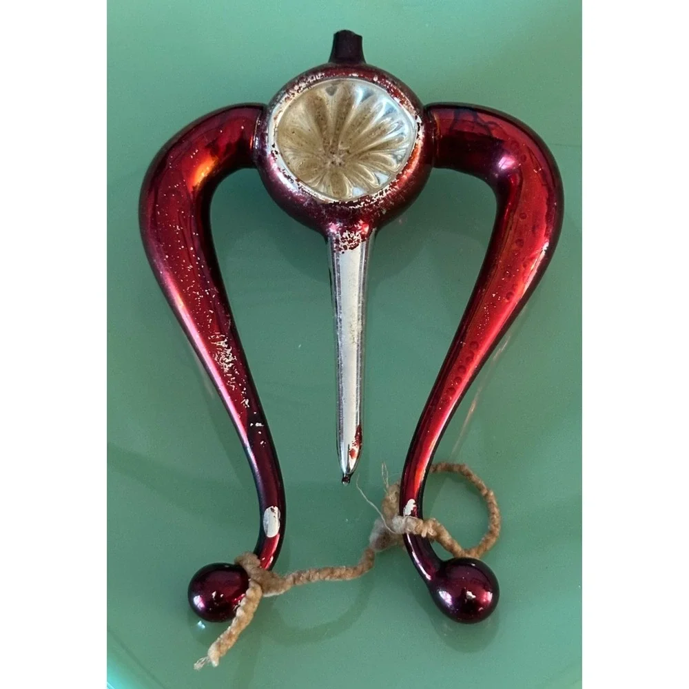 Antique Mercury Blown Glass Christmas Ornament Reflector Lyre Red